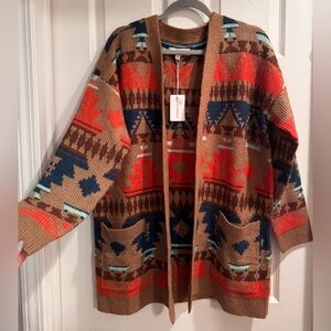 Lucky Brand Brown Red Navy Patterned Open Cardigan